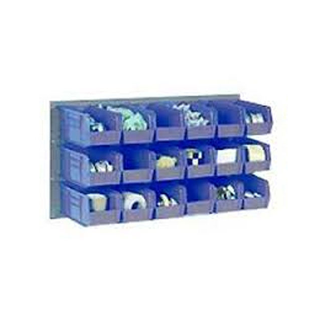 WALL BIN RACK W/8 BLUE BINS, 36X WALL BIN RACK W/8 BLUE BINS, 36X